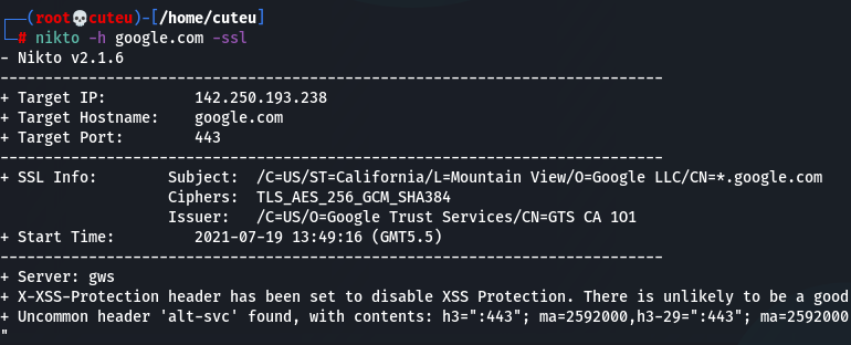 nikto -h google.com -ssl