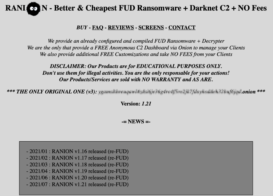 The top of the Ranion ransomware page on the dark web